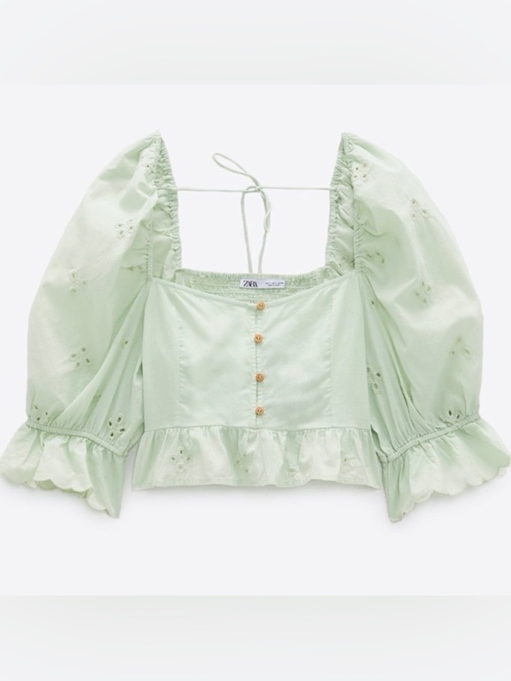 Zara Embroidered Eyelet Blouse in Light Green